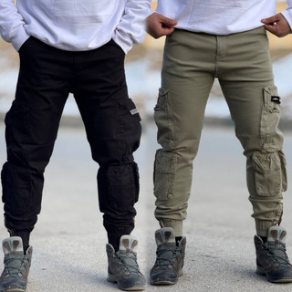 شلوار کتان مردانه ده جیب (10 جیب) مشکی و صدری (زیتونی) پایین کش و زیپ سایز 31 تا 36
